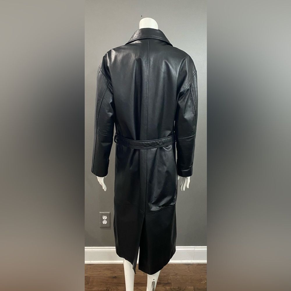 Wilson’s Blk Leather Double Breasted Belted Button Up Full Length Trench Coat M - Picture 6 of 14